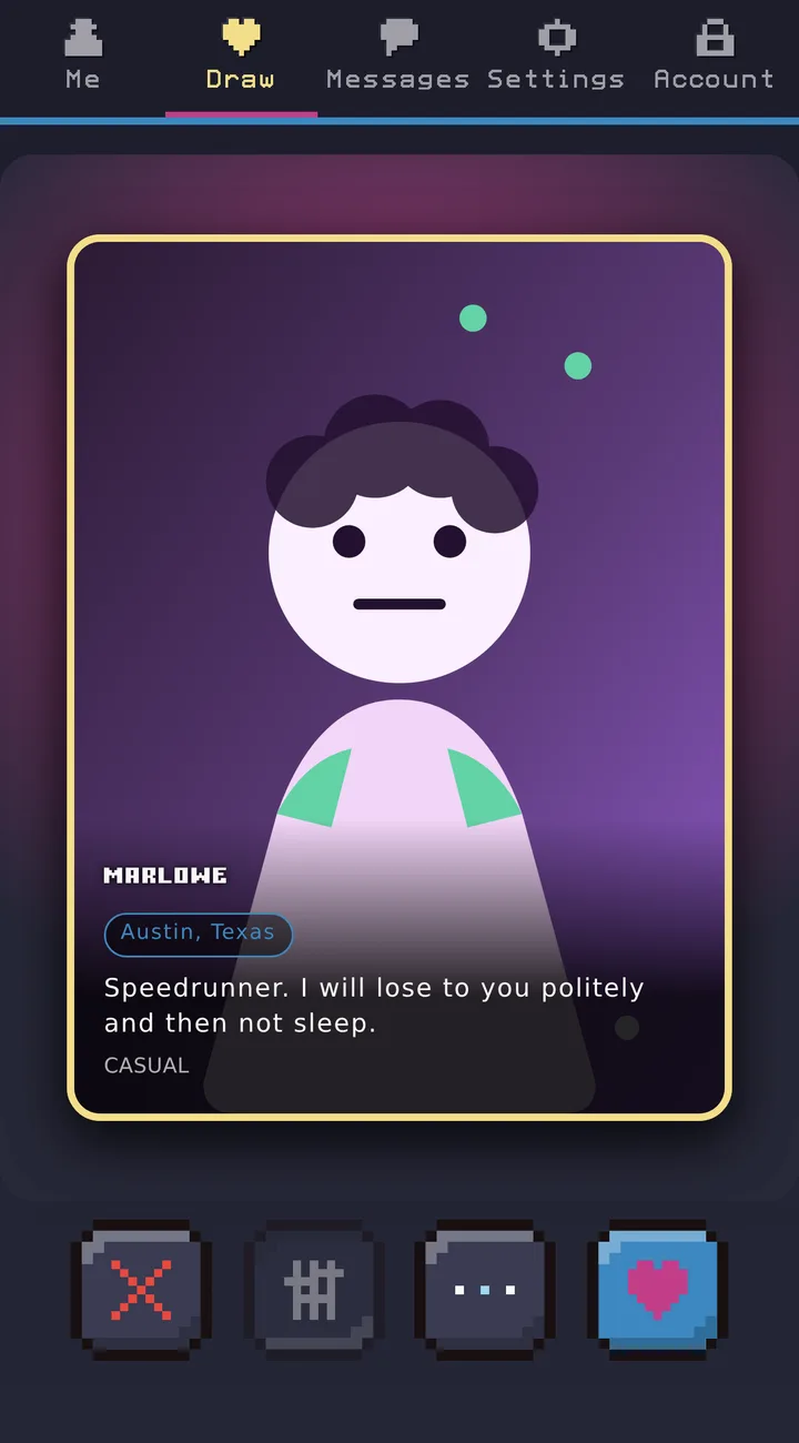 The Draw: one profile card for Marlowe in Austin, Texas, reading &ldquo;Speedrunner. I will lose to you politely and then not sleep&rdquo;, with pass, filter, details and like buttons under it.